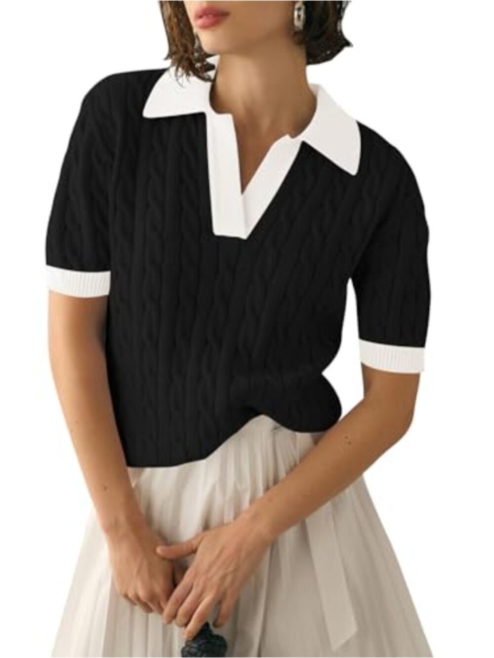 Short Sleeve Cable Knit Polo Sweater Lapel V Neck Loose Fit Summer Top